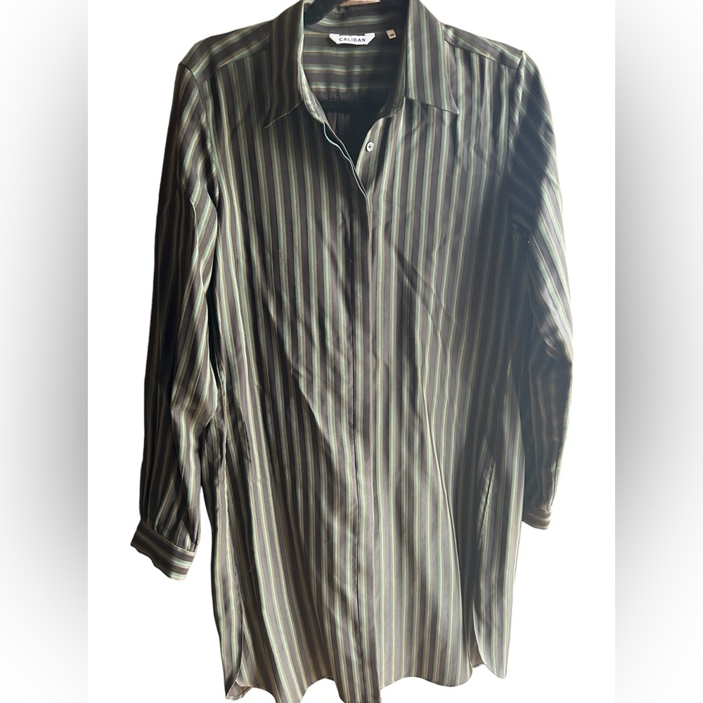 Caliban Size 46 Black/gray/Blue/gold Striped Long Sleeve Shirt Dress